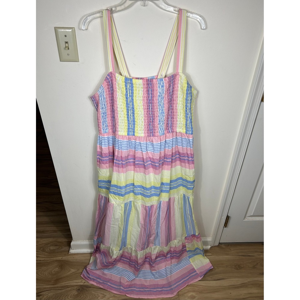 Lane Bryant Smocked Bodice‎ Maxi Dress 18/20 Pastel Stripe Summer Cotton Pockets